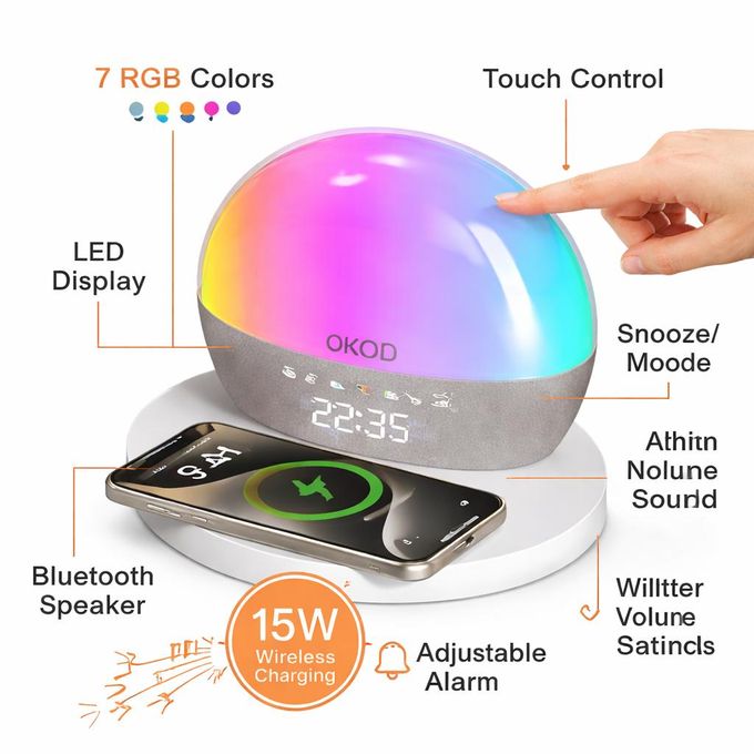 OKOP 6-in-1 RGB Bedside Alarm Clock & 15W Wireless Charger